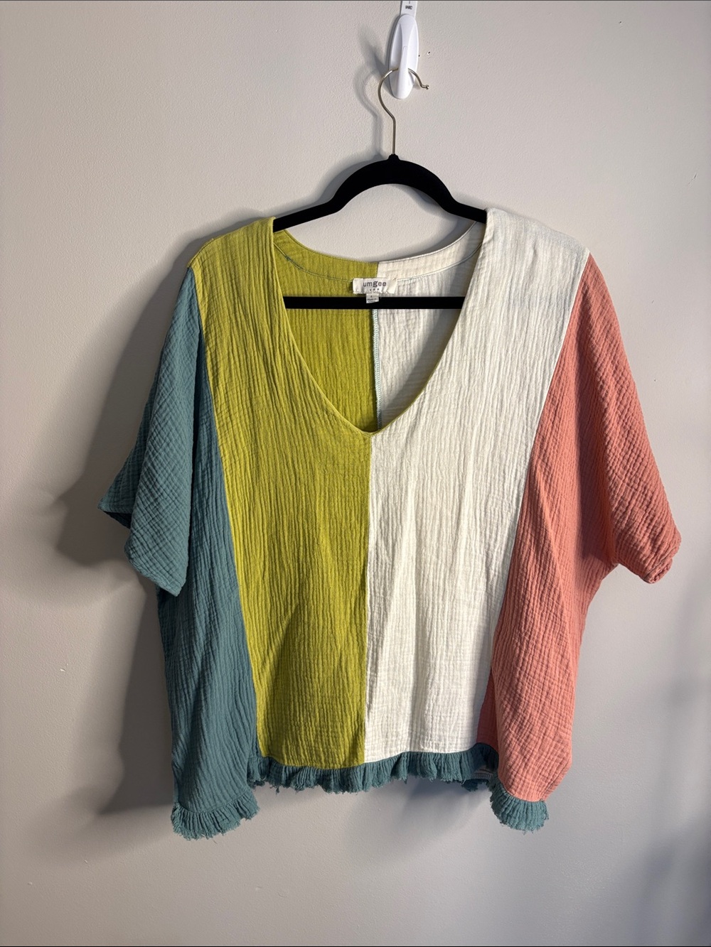 Umgee Colorblock V‑Neck Tunic in Teal, Lime, White & Coral
